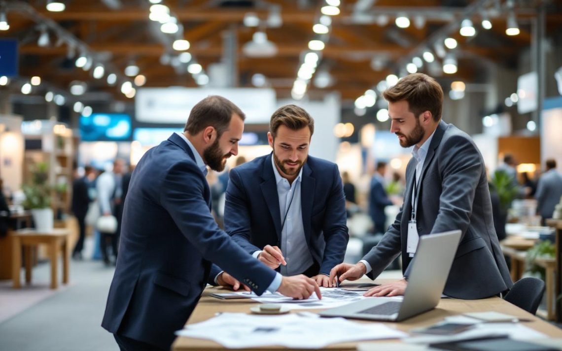 Un designer de stands discutant de la disposition d'un stand avec deux clients dans un hall d'exposition, autour d'une table avec plans, ordinateur portable et échantillons de matériaux, éclairage volumétrique doux et ambiance professionnelle naturelle.