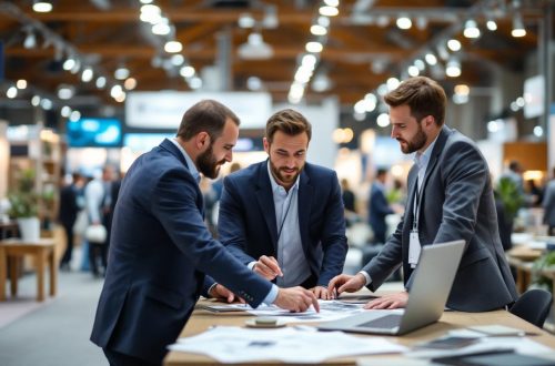 Un designer de stands discutant de la disposition d'un stand avec deux clients dans un hall d'exposition, autour d'une table avec plans, ordinateur portable et échantillons de matériaux, éclairage volumétrique doux et ambiance professionnelle naturelle.