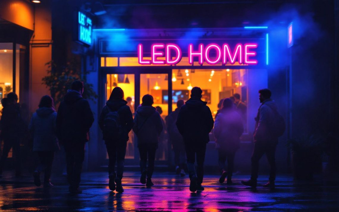 Vitrine de magasin la nuit avec une enseigne LED néon brillante attirant des passants, trottoir humide reflétant des tons bleu électrique et magenta, lumière intérieure chaude et légère brume urbaine.