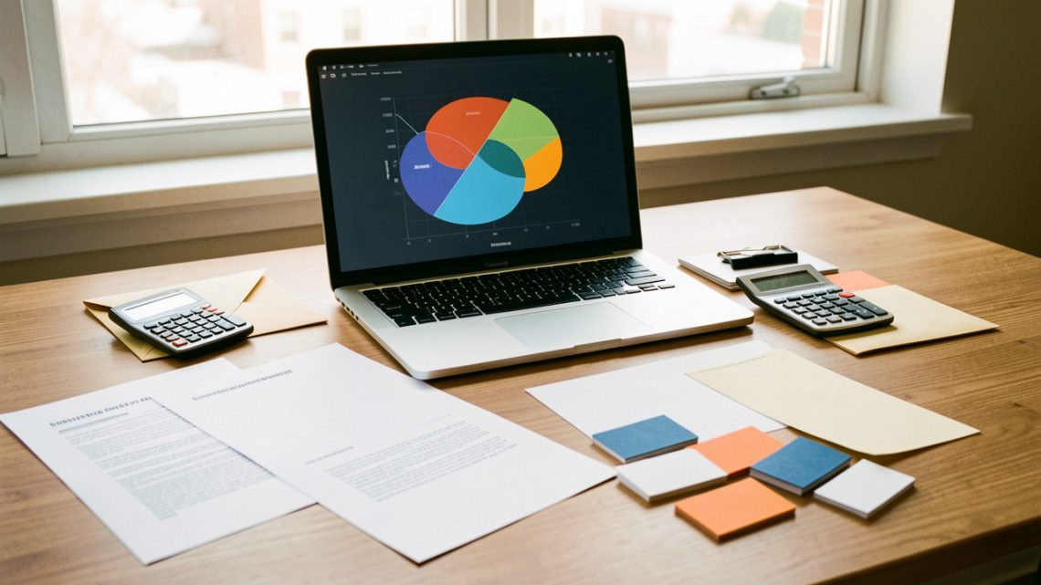 Bureau professionnel organisé avec ordinateur, calculatrice, enveloppes de budget et documents vierges illustrant la répartition stratégique d’un budget marketing limité pour obtenir des devis.