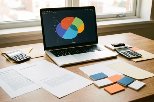 Bureau professionnel organisé avec ordinateur, calculatrice, enveloppes de budget et documents vierges illustrant la répartition stratégique d’un budget marketing limité pour obtenir des devis.