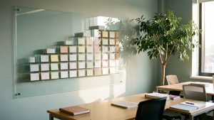 Bureau moderne de conseil avec une représentation visuelle de la croissance stratégique composée de blocs géométriques ascendants et d’un arbre intérieur florissant.