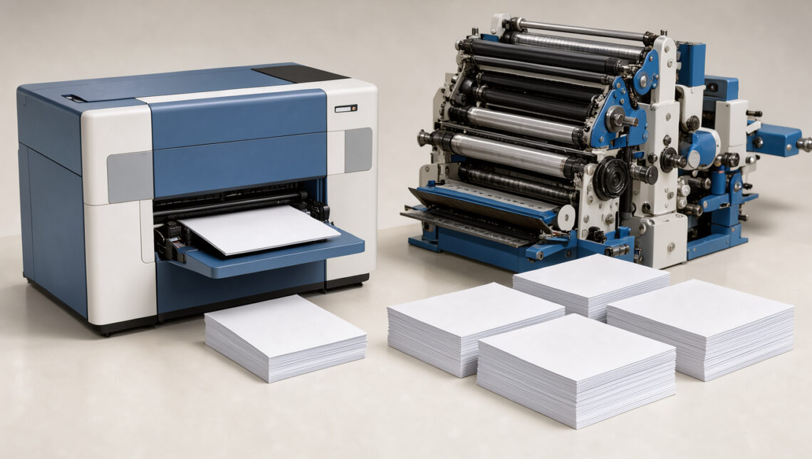 Scène professionnelle comparant l’impression numérique et l’impression offset pour des catalogues B2B vierges, avec une imprimante numérique, une presse industrielle et des piles de catalogues.