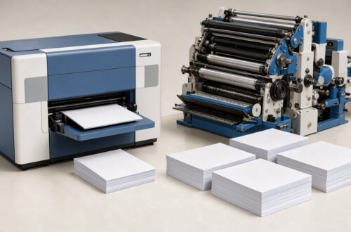 Scène professionnelle comparant l’impression numérique et l’impression offset pour des catalogues B2B vierges, avec une imprimante numérique, une presse industrielle et des piles de catalogues.
