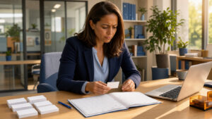Une femme d’affaires organise sur son bureau un calendrier et des cartes de contact pour planifier la relance de prospects après un salon professionnel.