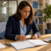 Une femme d’affaires organise sur son bureau un calendrier et des cartes de contact pour planifier la relance de prospects après un salon professionnel.
