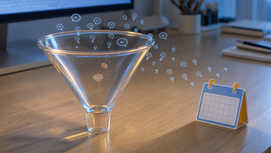 Métaphore visuelle de demandes de rendez-vous qui se perdent dans un entonnoir commercial transparent sur un bureau professionnel.