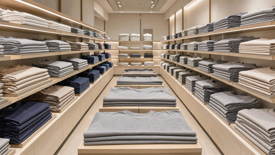 Rayon d’un magasin japonais contemporain présentant des sous-couches thermiques et des tee-shirts respirants soigneusement rangés, dans une ambiance sobre et lumineuse.