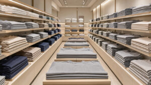 Rayon d’un magasin japonais contemporain présentant des sous-couches thermiques et des tee-shirts respirants soigneusement rangés, dans une ambiance sobre et lumineuse.