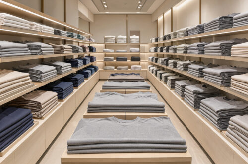 Rayon d’un magasin japonais contemporain présentant des sous-couches thermiques et des tee-shirts respirants soigneusement rangés, dans une ambiance sobre et lumineuse.