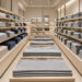 Rayon d’un magasin japonais contemporain présentant des sous-couches thermiques et des tee-shirts respirants soigneusement rangés, dans une ambiance sobre et lumineuse.